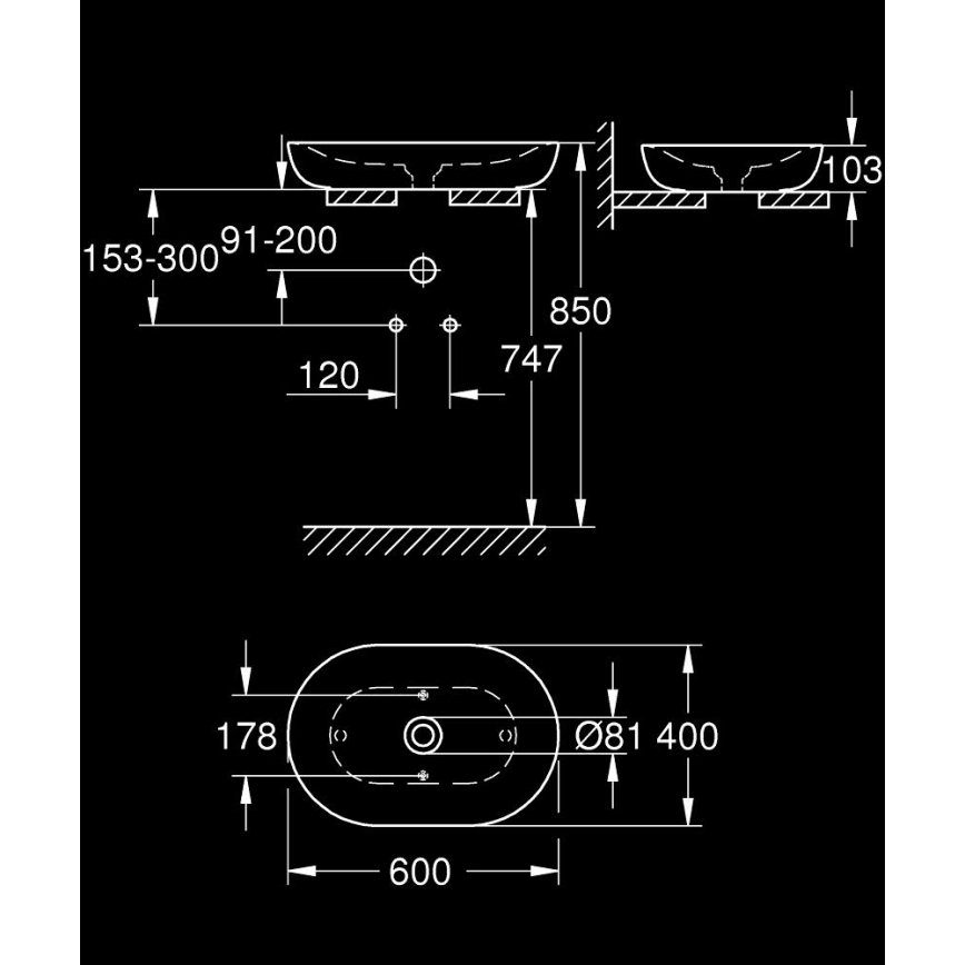 GROHE 3960800H - Lauapealne valamu ESSENCE 600 × 400 mm keraamiline/valge