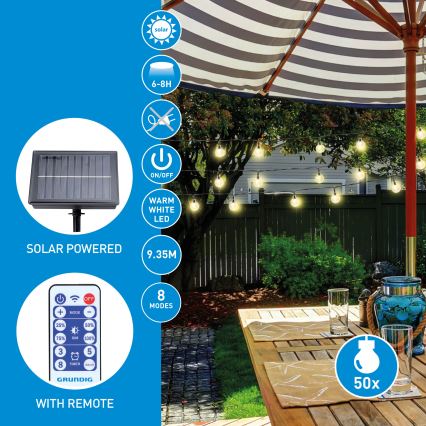 Grundig - LED Hämardatav päikesepaneeliga valguskett 50xLED/8 funktsiooni 9,35m soe valge + kaugjuhtimispult
