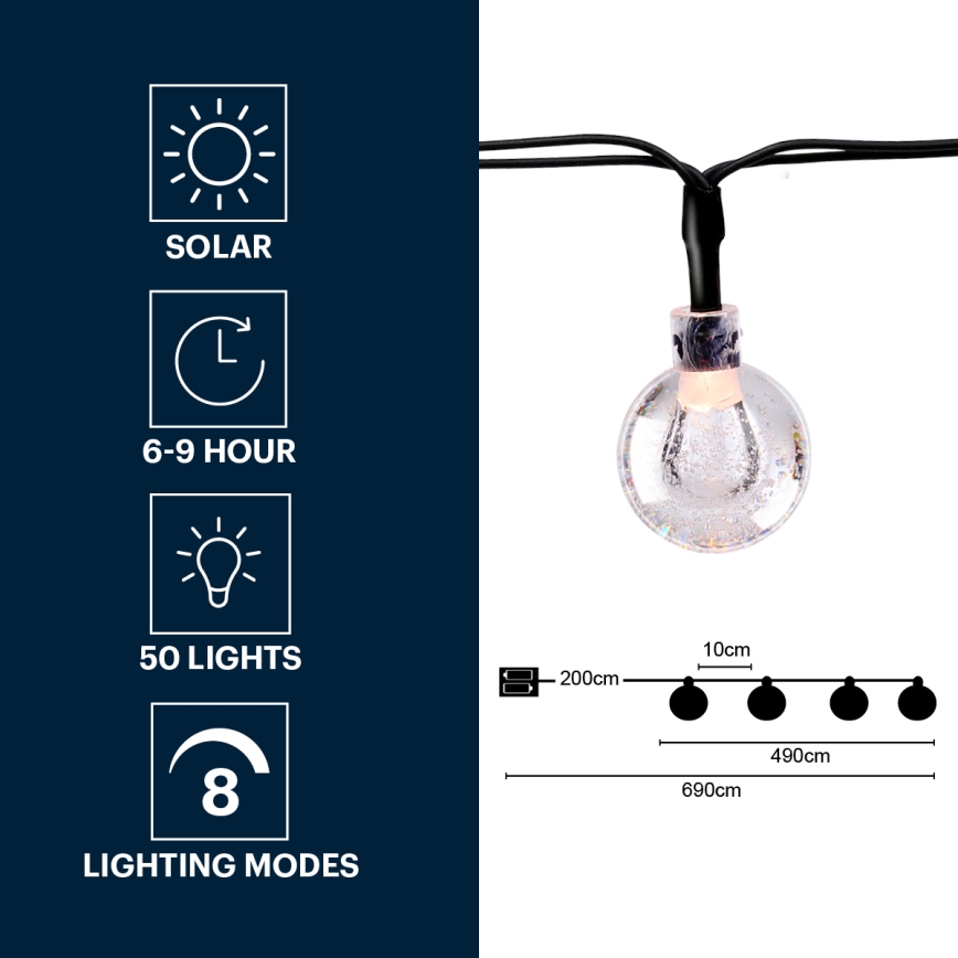 Grundig - LED päikesepaneeliga valguskett 50xLED/8 funktsiooni 6,9m soe valge