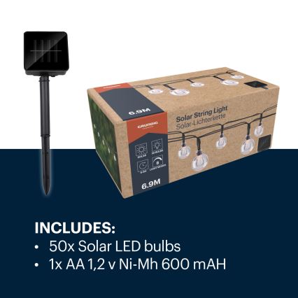 Grundig - LED päikesepaneeliga valguskett 50xLED/8 funktsiooni 6,9m soe valge