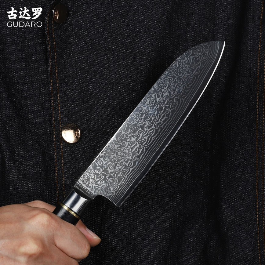 Gudaro - Damastterasest Santoku kööknuga AKIRO 7, 67-kihiline teras, tera pikkus 17,5 cm, must