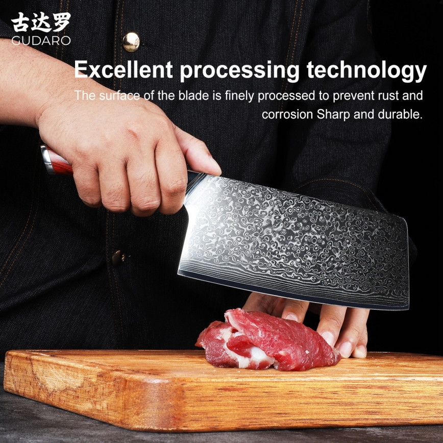 Gudaro - Damaskterasest köögikirves KENSHO 6,5, 67-kihiline teras, tera pikkus 16,2 cm