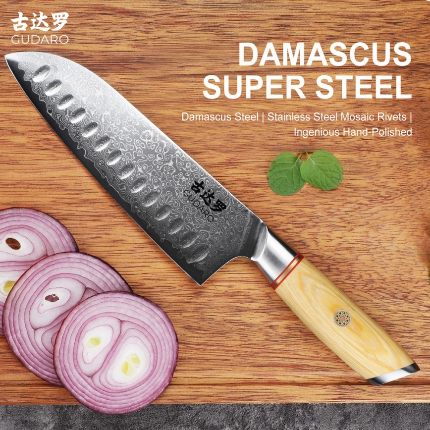Gudaro - Damaskusest Santoku kööginuga HIKARI 7, 67 kihti terast, tera pikkus 17,5 cm