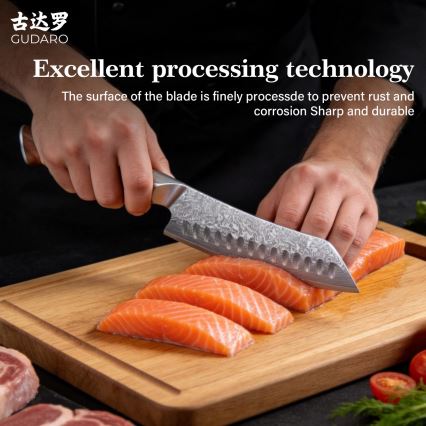 Gudaro - damaskusest Santoku kööginuga TAKUMI 7, 67-kihiline teras, pikkus 17,5 cm, pähklipuit