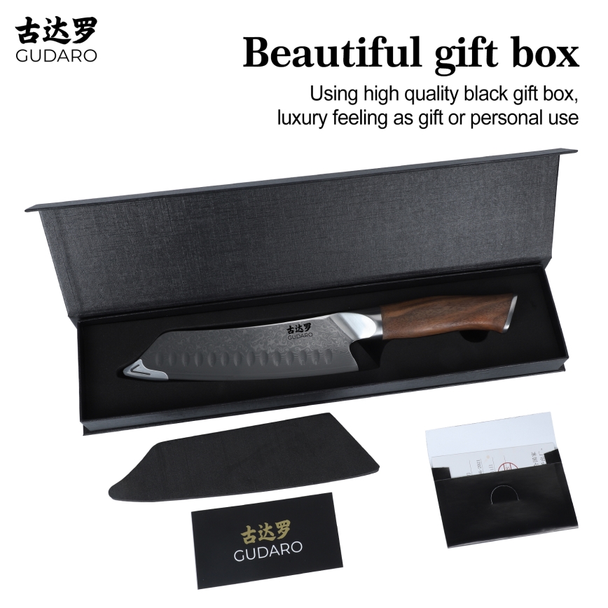 Gudaro - damaskusest Santoku kööginuga TAKUMI 7, 67-kihiline teras, pikkus 17,5 cm, pähklipuit