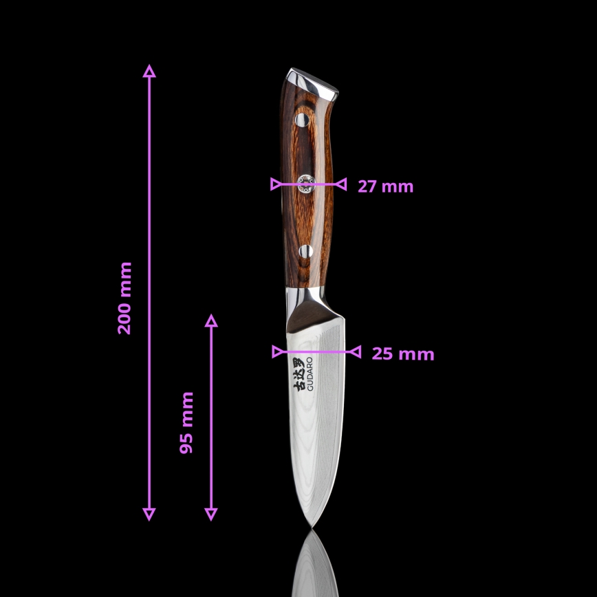 Gudaro - KOMPLEKT 1x damaskterasest peakoka nuga FENG 8, 67-kihiline teras, pikkus 20 cm + 1x damaskterasest Santoku kööginuga FENG 7,5, 67-kihiline teras, pikkus 18 cm + 1x TASUTA damaskterasest kööginuga FENG 3,5, 67-kihiline teras, pikkus 9,5 c