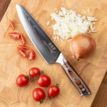 Gudaro - KOMPLEKT 1x damaaskterasest peakoka nuga FENG 8, 67-kihiline teras, pikkus 20 cm + 1x damaaskterasest Santoku kööginuga FENG 7,5, 67-kihiline teras, pikkus 18 cm + 1x TASUTA damaaskterasest puuviljanuga FENG 3,5, 67-kihiline teras, pikkus