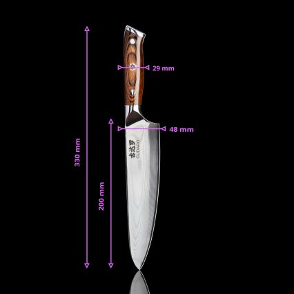 Gudaro - KOMPLEKT 1x damaaskterasest peakoka nuga FENG 8, 67-kihiline teras, pikkus 20 cm + 1x damaaskterasest Santoku kööginuga FENG 7,5, 67-kihiline teras, pikkus 18 cm + 1x TASUTA damaaskterasest puuviljanuga FENG 3,5, 67-kihiline teras, pikkus