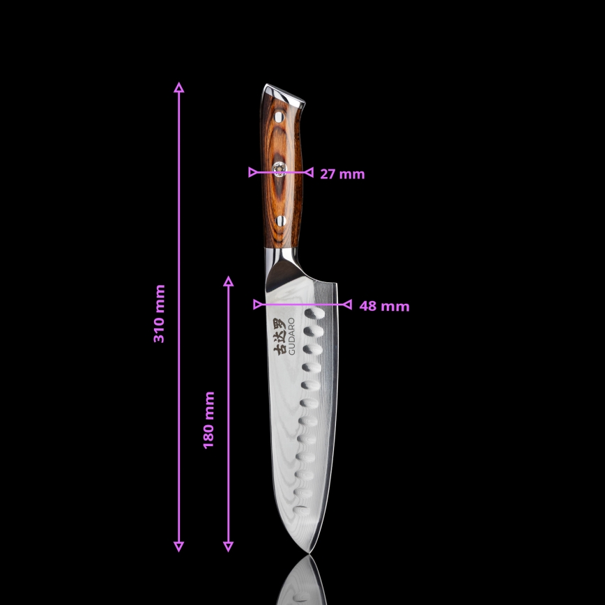 Gudaro - KOMPLEKT 1x damaaskterasest peakoka nuga FENG 8, 67-kihiline teras, pikkus 20 cm + 1x damaaskterasest Santoku kööginuga FENG 7,5, 67-kihiline teras, pikkus 18 cm + 1x TASUTA damaaskterasest puuviljanuga FENG 3,5, 67-kihiline teras, pikkus