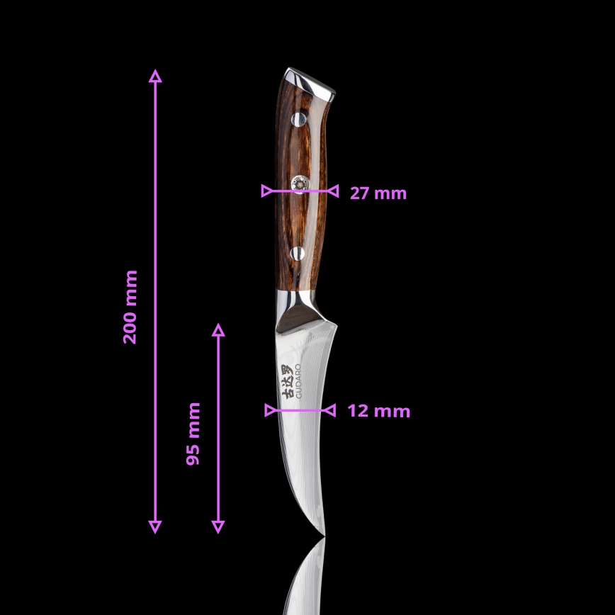Gudaro - KOMPLEKT 1x damaaskterasest peakoka nuga FENG 8, 67-kihiline teras, pikkus 20 cm + 1x damaaskterasest Santoku kööginuga FENG 7,5, 67-kihiline teras, pikkus 18 cm + 1x TASUTA damaaskterasest puuviljanuga FENG 3,5, 67-kihiline teras, pikkus