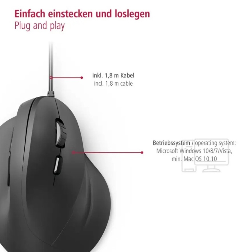 Hama - Ergonoomiline hiir juhtmega 1000/1400/1800 DPI must