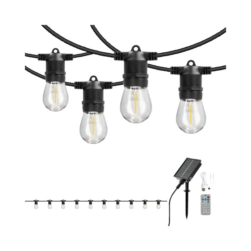 LED hämardatav päikesetoitel dekoratiivne valguskett STARLIGHT NEO 10xE27/3,7V 2700K IP54 1200 mAh 11,5m + kaugjuhtimispult