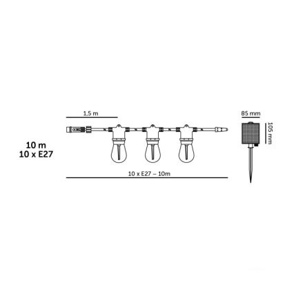 LED hämardatav päikesetoitel dekoratiivne valguskett STARLIGHT NEO 10xE27/3,7V 2700K IP54 1200 mAh 11,5m + kaugjuhtimispult