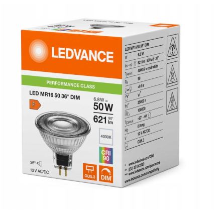 Hämardatav LED-reflektorpirn MR16 GU5,3/6,8W/12V 4000K 36° CRI 90 - Ledvance