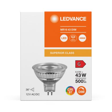 LED-hämardatav MR16 reflektorpirn GU5,3, 6,6 W / 12 V, 4000 K, 36°, CRI 97 - Ledvance