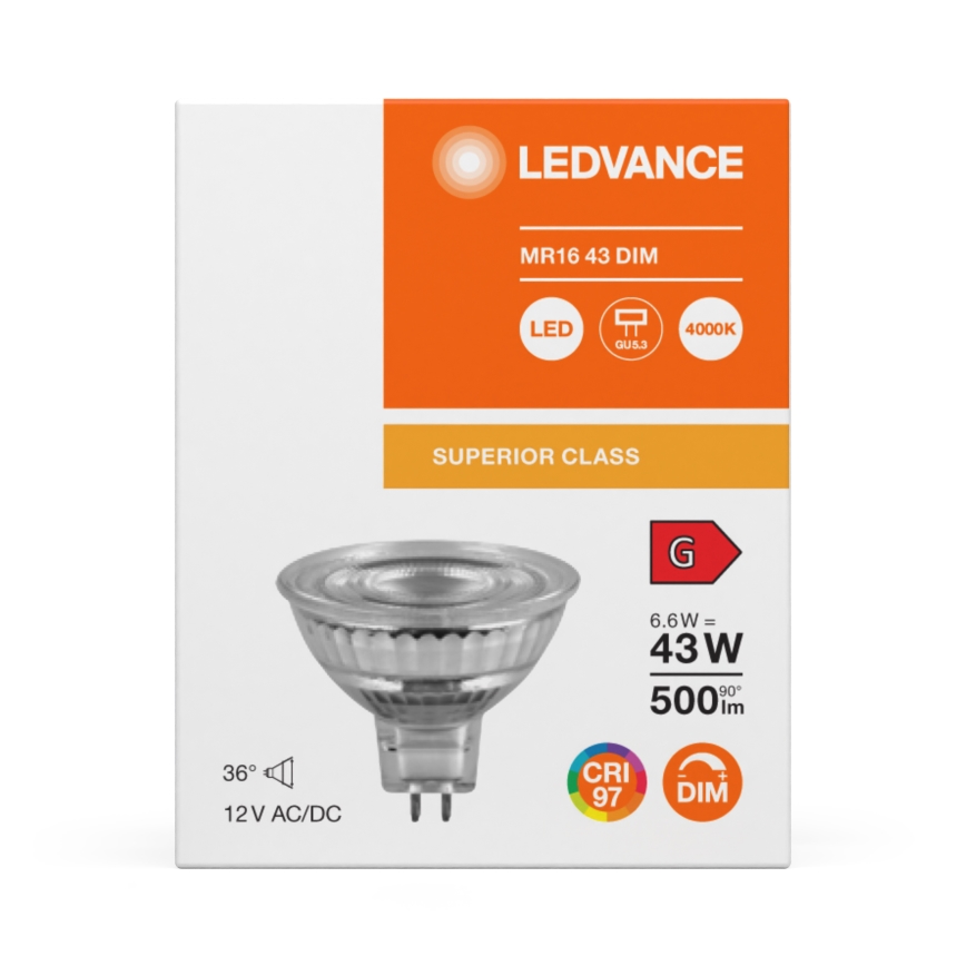 LED-hämardatav MR16 reflektorpirn GU5,3, 6,6 W / 12 V, 4000 K, 36°, CRI 97 - Ledvance