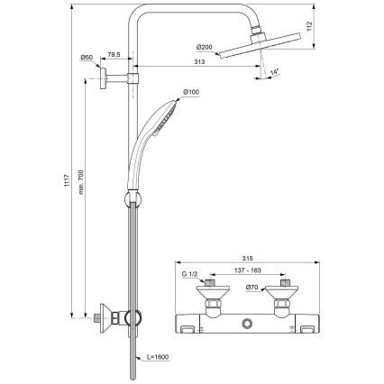 Ideal Standard A7208AA - dušikomplekt termostaatsegistiga CERATHERM T25, läikiva kroomviimistlusega