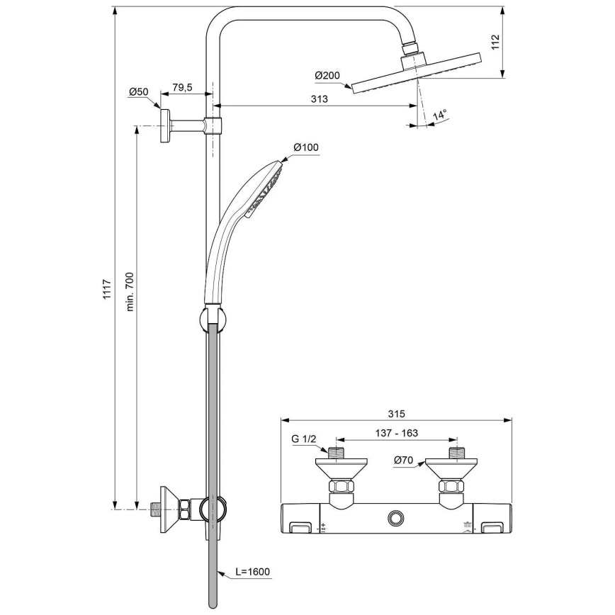 Ideal Standard A7208AA - dušikomplekt termostaatsegistiga CERATHERM T25, läikiva kroomviimistlusega