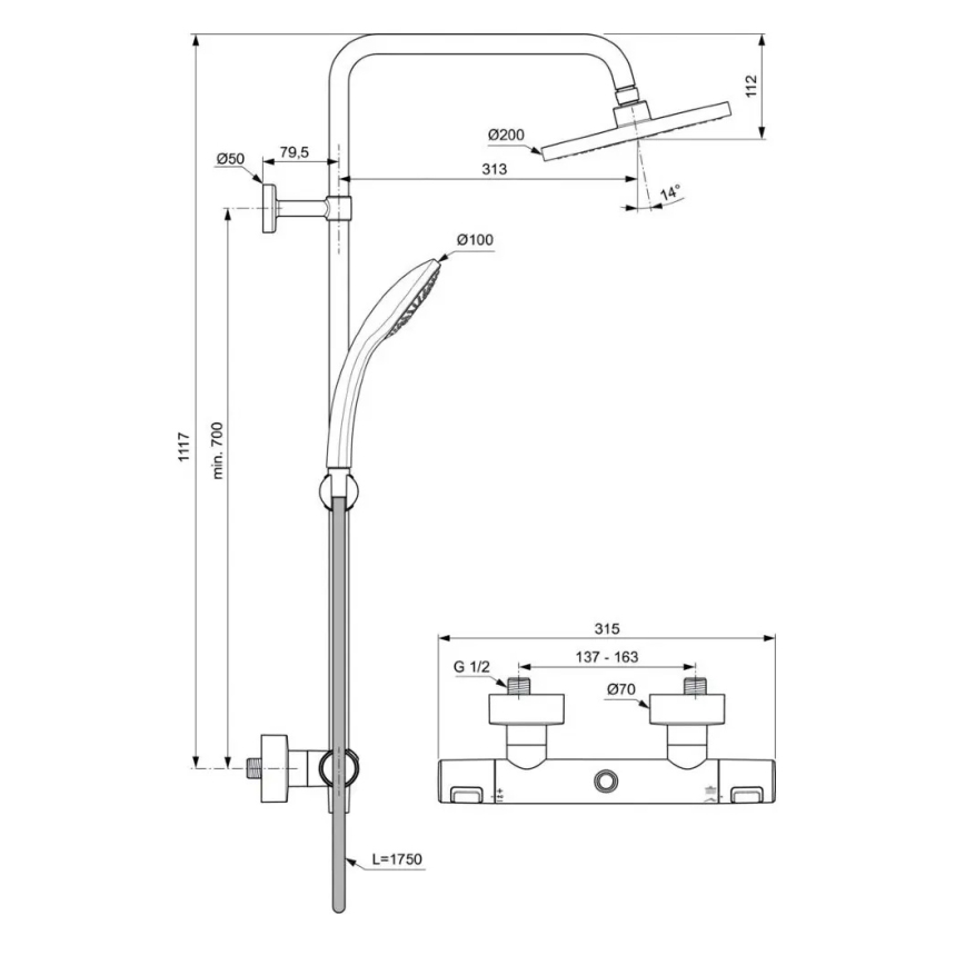 Ideal Standard A7545XG - Dušikomplekt termostaatsegistiga CERATHERM T25, mati must
