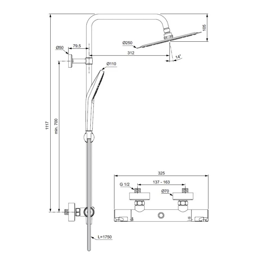 Ideal Standard A7565AA - Dušikomplekt termostaadiga CERATHERM T50 läikiv kroom