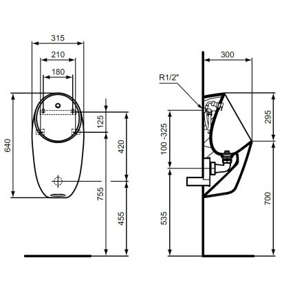 Ideal Standard E253701 - Pissuaar I.LIFE, tagumine veeühendus, tagumine äravool, keraamiline/valge