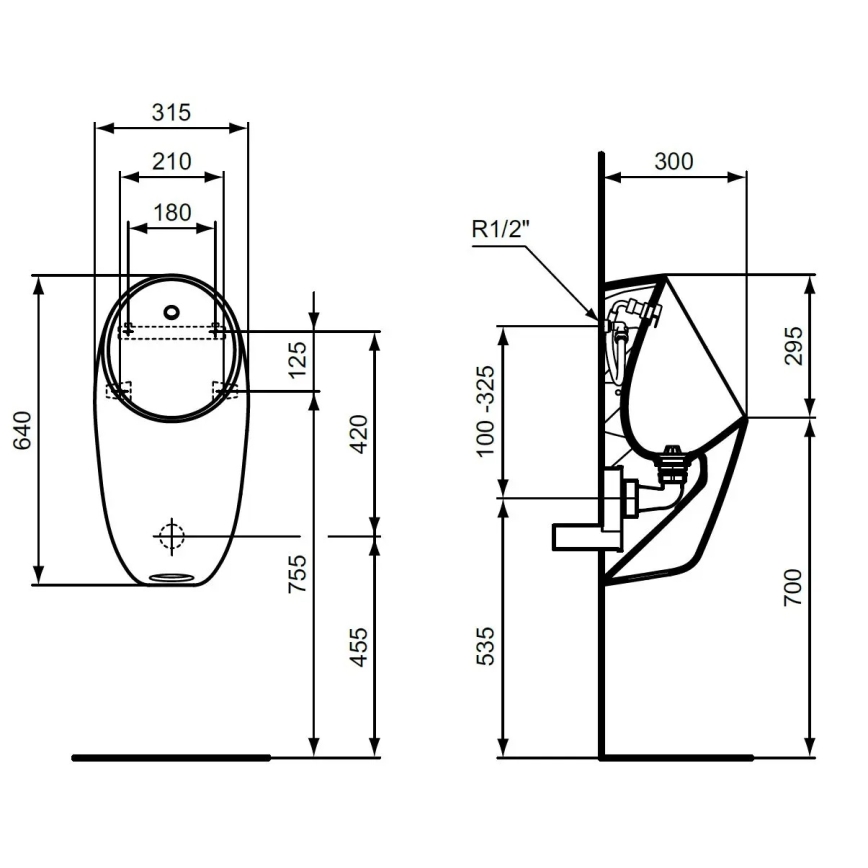 Ideal Standard E253701 - Pissuaar I.LIFE, tagumine veeühendus, tagumine äravool, keraamiline/valge