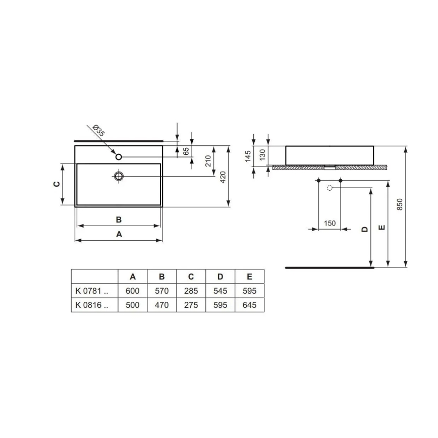 Ideal Standard K081601 - Lauale paigaldatav valam STRADA 60x42 cm keraamika/valge