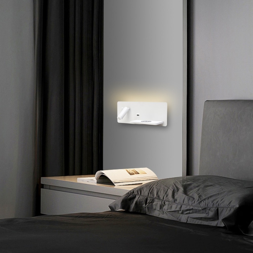 Immax 08285L - LED Kohtvalgusti seinale koos riiuli, USB pesa ja juhtmevaba laadimisega Be PREPARE LED/3W/230V + LED/3W valge