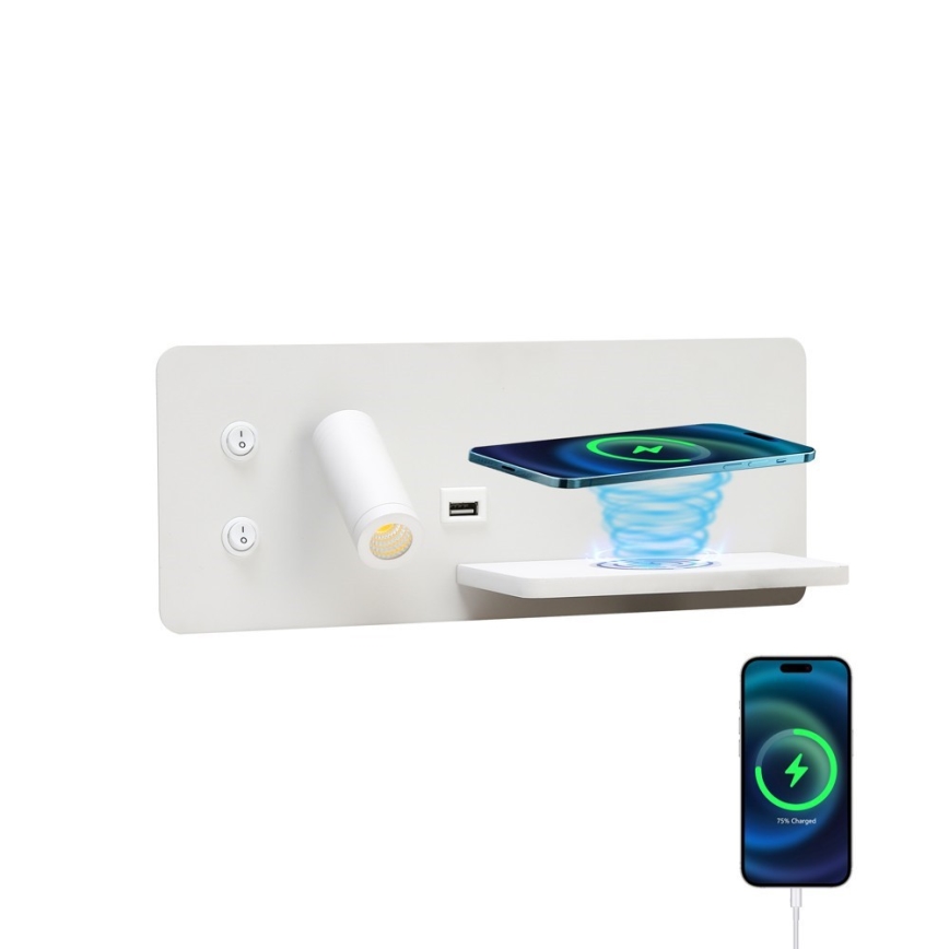 Immax 08285L - LED Kohtvalgusti seinale koos riiuli, USB pesa ja juhtmevaba laadimisega Be PREPARE LED/3W/230V + LED/3W valge