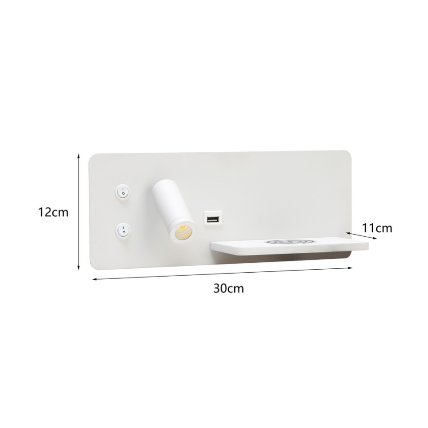 Immax 08285L - LED Kohtvalgusti seinale koos riiuli, USB pesa ja juhtmevaba laadimisega Be PREPARE LED/3W/230V + LED/3W valge