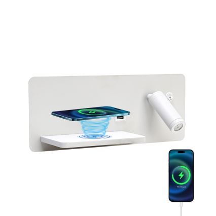 Immax 08286L - LED Kohtvalgusti seinale koos riiuli, USB pesa ja juhtmevaba laadimisega Be PREPARE LED/3W/230V + LED/3W valge