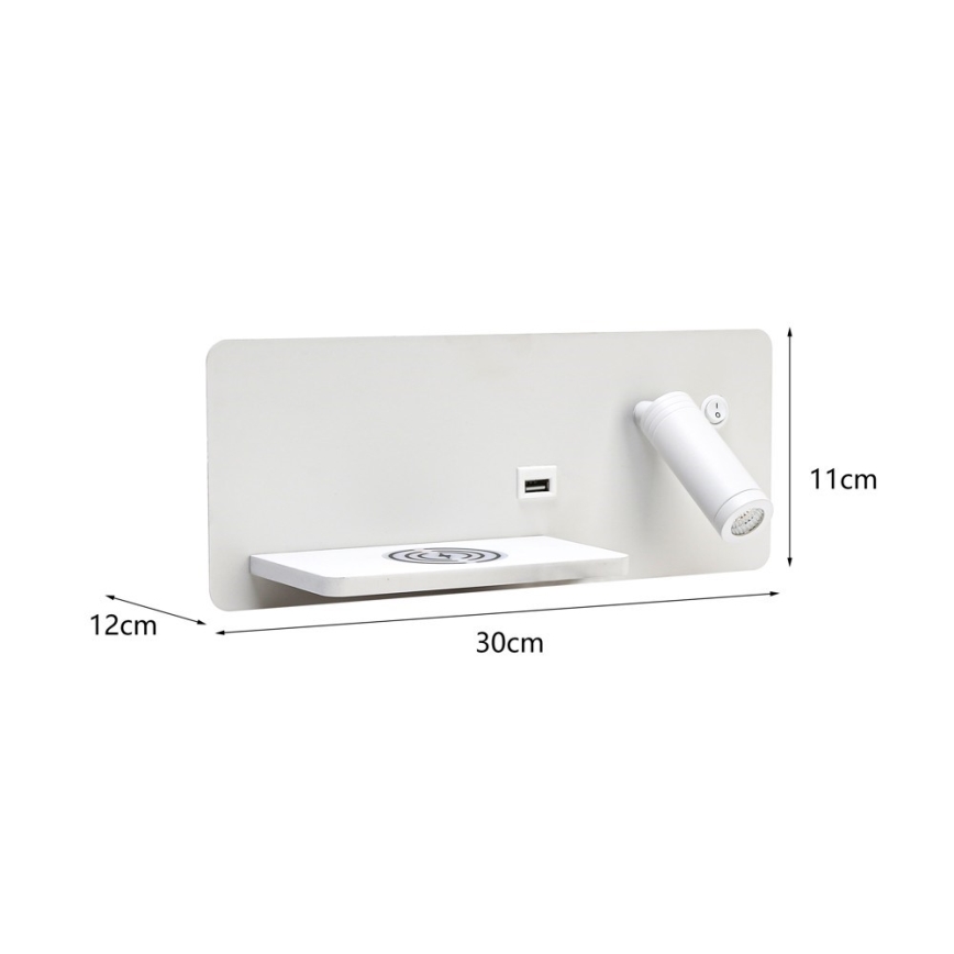 Immax 08286L - LED Kohtvalgusti seinale koos riiuli, USB pesa ja juhtmevaba laadimisega Be PREPARE LED/3W/230V + LED/3W valge