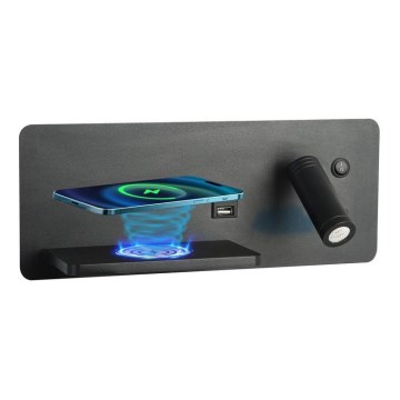 Immax 08288L - LED Kohtvalgusti seinale koos riiuli, USB pesa ja juhtmevaba laadimisega Be PREPARE LED/3W/230V + LED/3W must