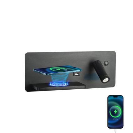 Immax 08288L - LED Kohtvalgusti seinale koos riiuli, USB pesa ja juhtmevaba laadimisega Be PREPARE LED/3W/230V + LED/3W must