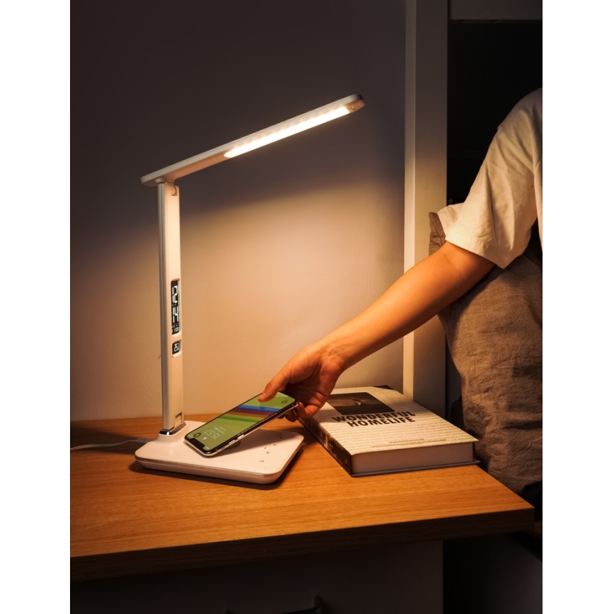 LED Hämardatav laualamp juhtmevaba laadimisega QI ja USB KINGFISHER LED/8,5W/230V valge