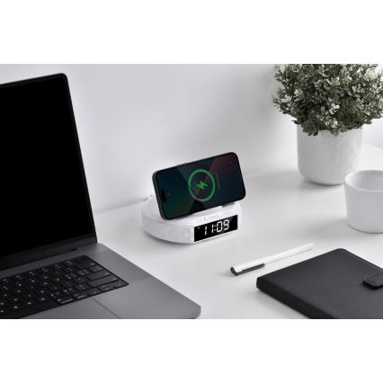 Äratuskell LCD ekraaniga ja juhtmevaba Qi laadija 27W/9V 220 mAh valge