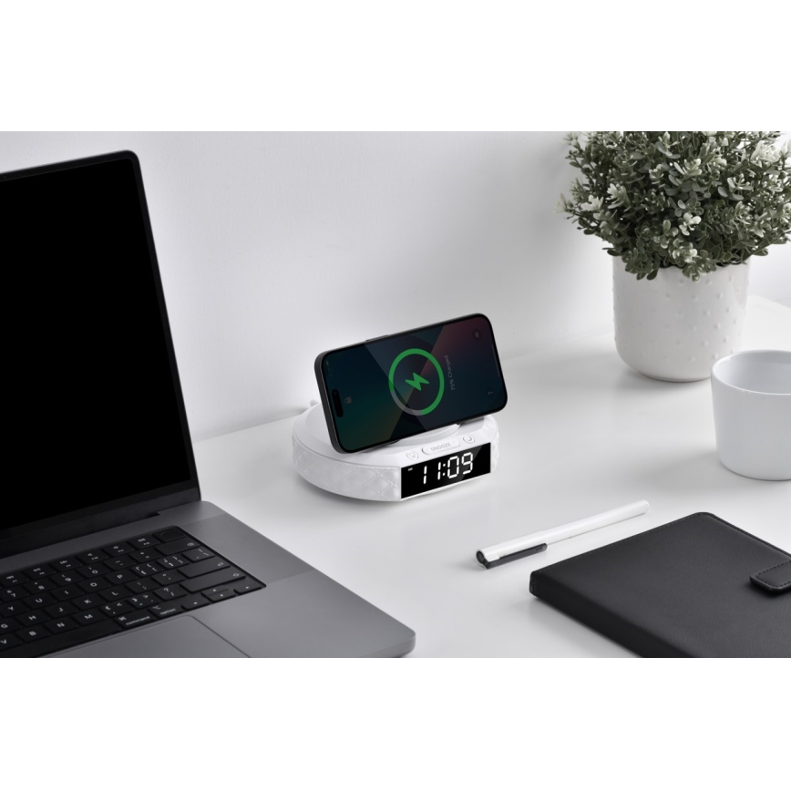 Äratuskell LCD ekraaniga ja juhtmevaba Qi laadija 27W/9V 220 mAh valge