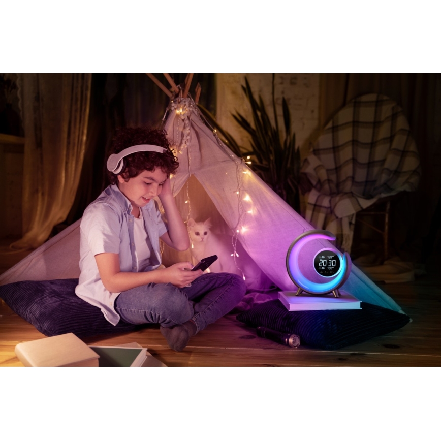 LED RGBW Hämardatav laualamp äratuskellaga LED/20W/5V USB hõbedane