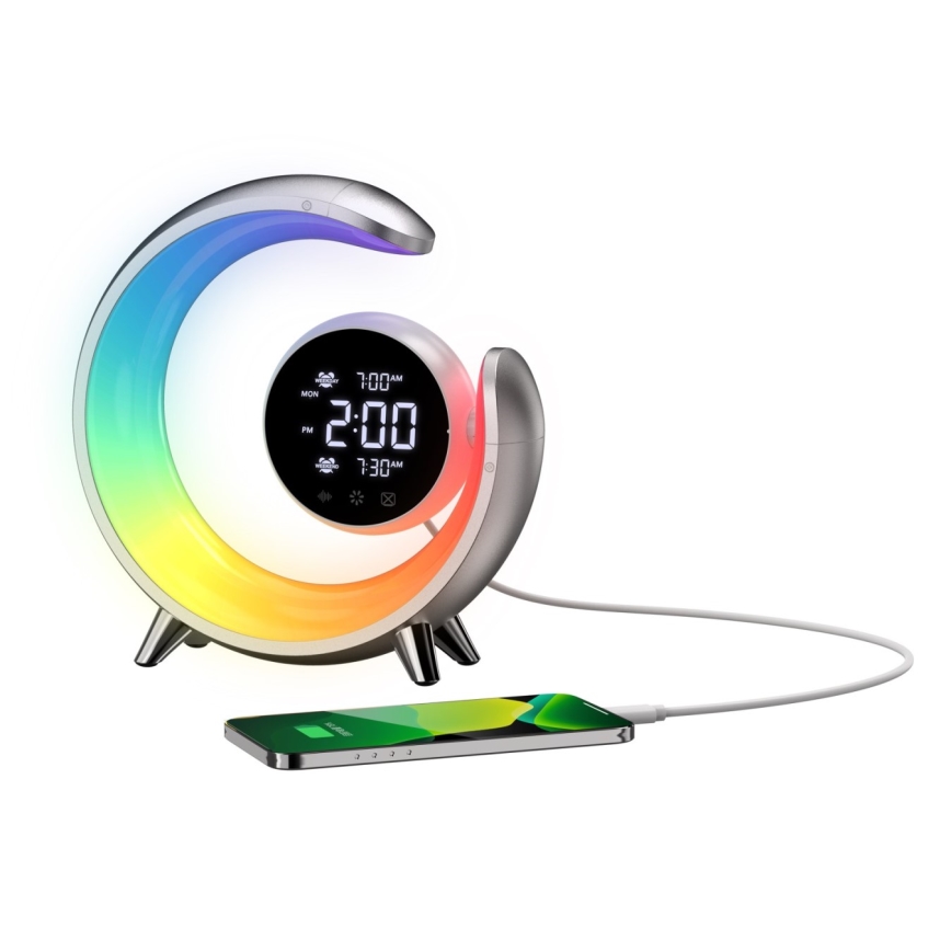 LED RGBW Hämardatav laualamp äratuskellaga LED/20W/5V USB hõbedane