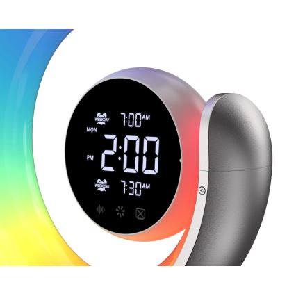 LED RGBW Hämardatav laualamp äratuskellaga LED/20W/5V USB hõbedane