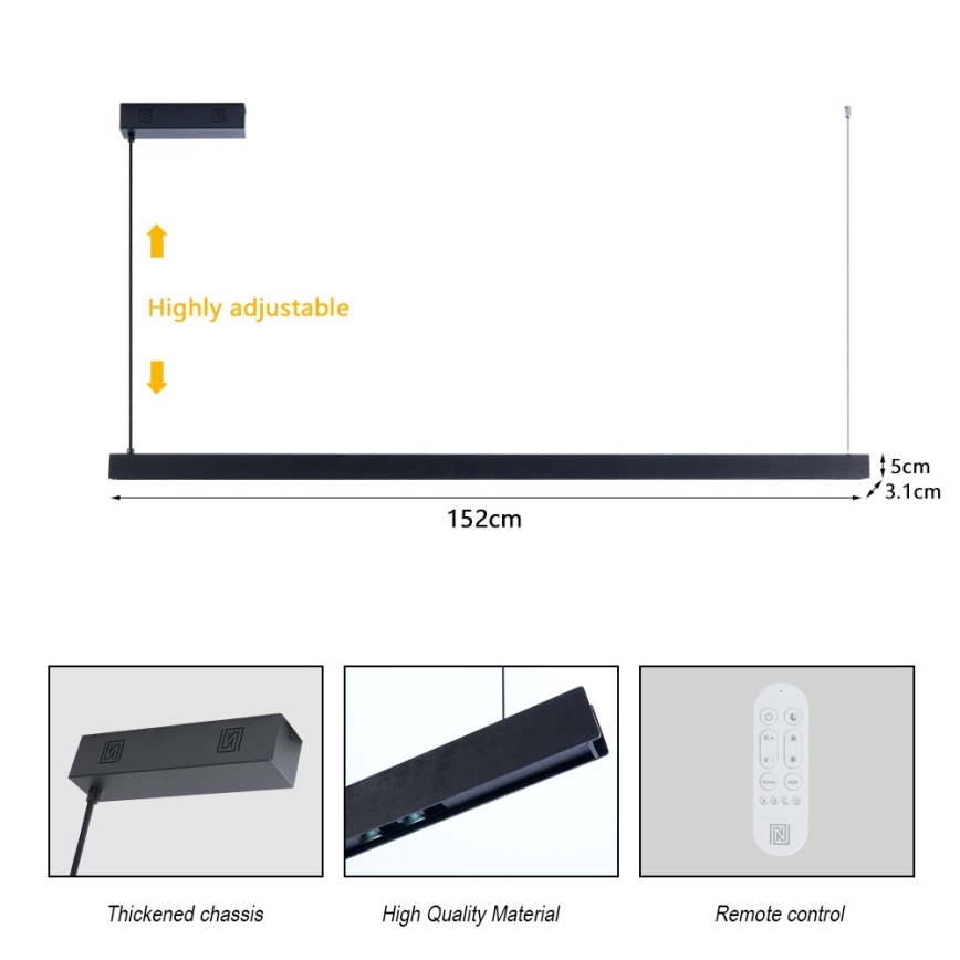 Immax NEO 07307L - LED hämardatav rippvalgusti kaabliga MADEIRA LED/33W/230V Wi-Fi Tuya 152 cm must + kaugjuhtimispult