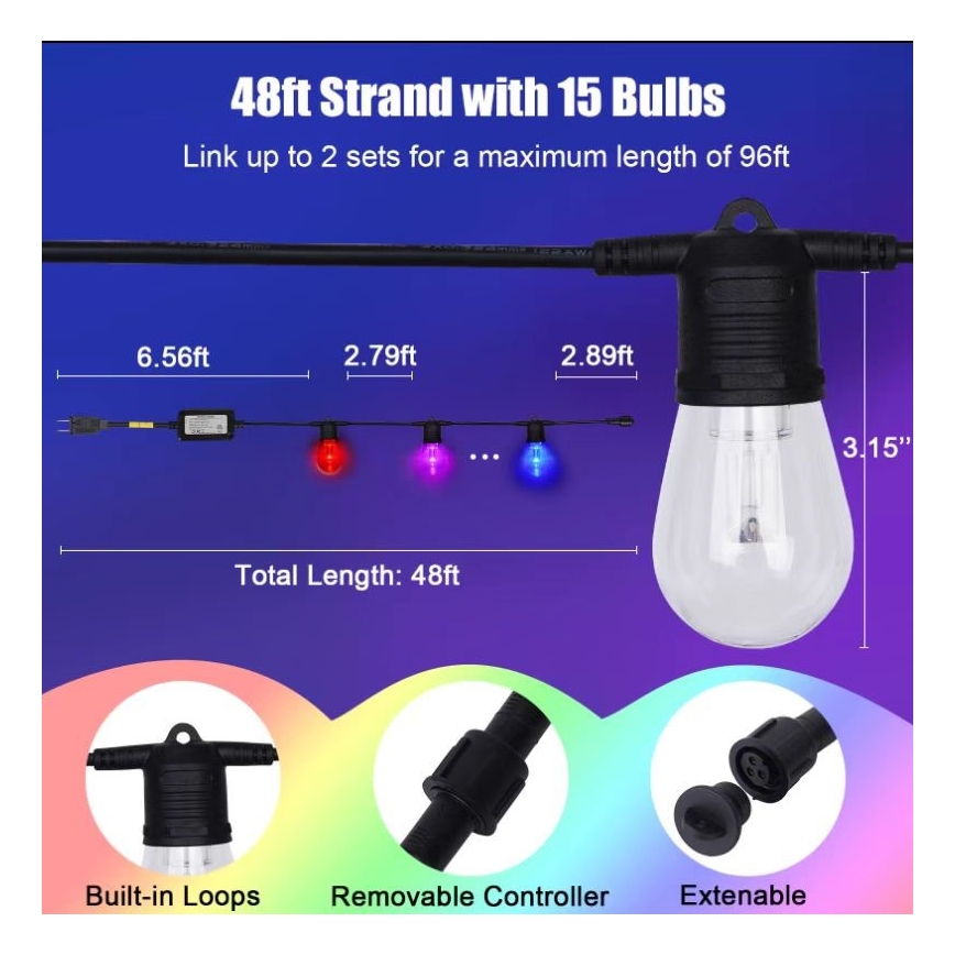 LED RGB+CCT Hämardatav väli valguskett GARLAND 15xLED/1W/230V 15m Wi-Fi Tuya IP65 + kaugjuhtimispult