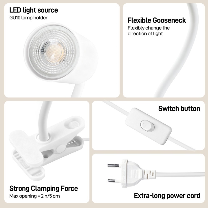 Immax NEO 08294L - Painduv klambriga lamp PUNTO 1xGU10/9W/230V valge
