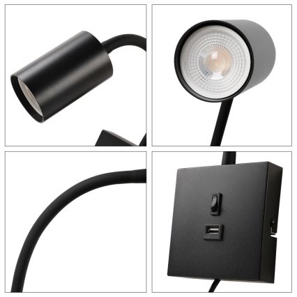 Immax NEO 08295L - Seinavalgusti USB-pordiga PUNTO 1xGU10/9W/230V must