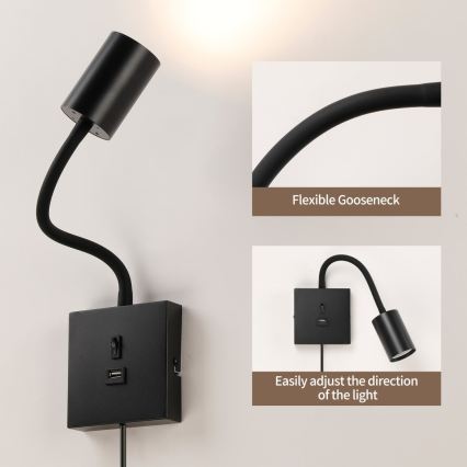 Immax NEO 08295L - Seinavalgusti USB-pordiga PUNTO 1xGU10/9W/230V must
