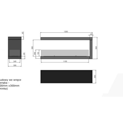 InFire - Biokamin nurka 120x50 cm 3kW kahepoolne