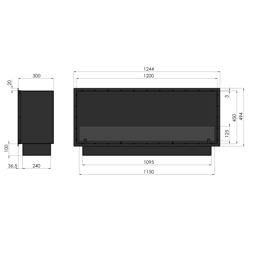 InFire - Sisseehitatud BIO kamin 49,4x124,4 cm 6kW must