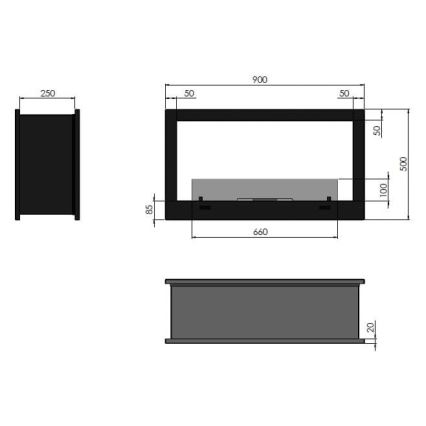 InFire - Sisseehitatud biokamin 90x50 cm 3kW kahepoolne