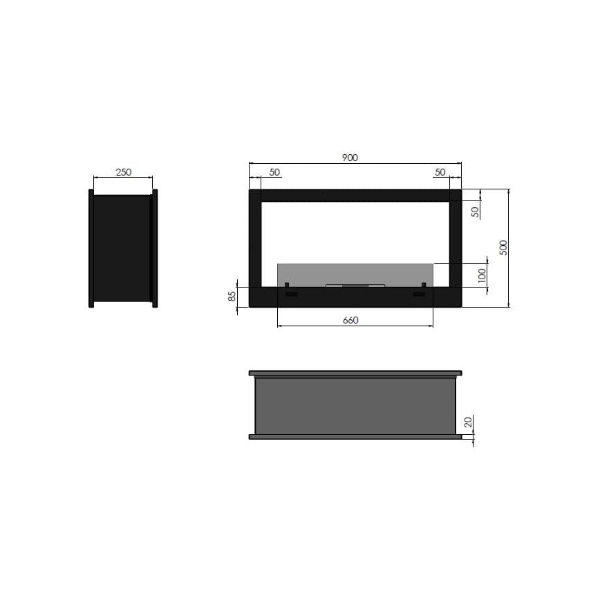 InFire - Sisseehitatud biokamin 90x50 cm 3kW kahepoolne
