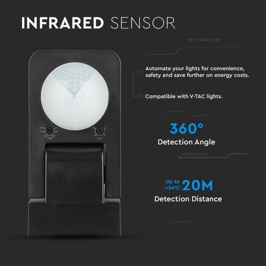 Infrapuna väli liikumisandur 360° 1000W/230V IP65 must